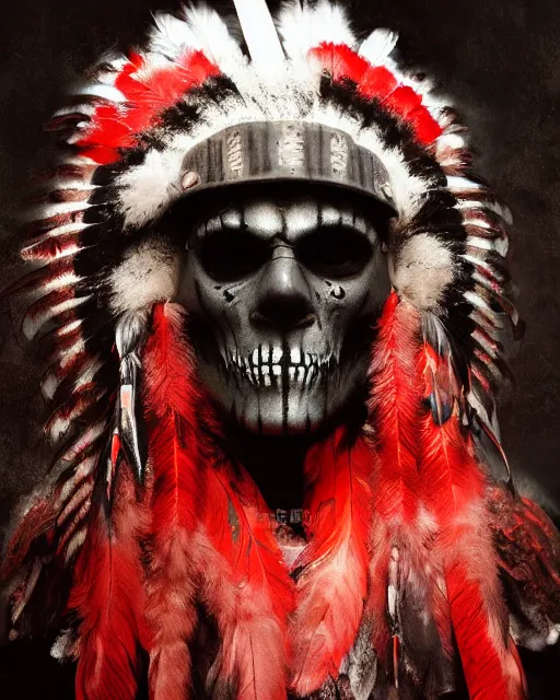 Image similar to the ghost - spirit of the grim - warpaint wears the scarlet skull armor and native blood headdress feathers, midnight fog - mist!, dark oil painting colors, realism, cinematic lighting, various refining methods, micro macro autofocus, ultra definition, award winning photo