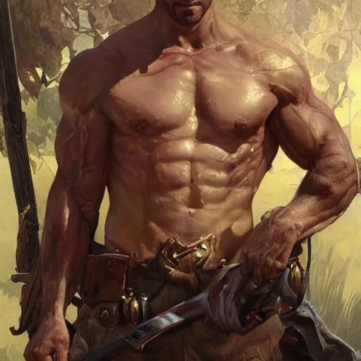 Image similar to portrait of a rugged ranger, muscular, upper body, blood, D&D, fantasy, intricate, elegant, highly detailed, digital painting, artstation, concept art, smooth, sharp focus, illustration, art by artgerm and greg rutkowski and alphonse mucha