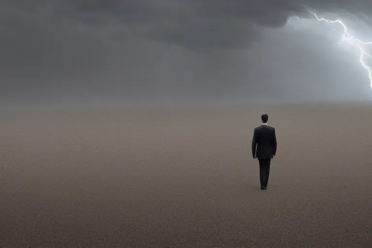 Image similar to a cinematic landscape photograph of a man dressed in a business suit trekking through a desert, dust storm, thunder and lightning, lee madgwick and zack snyder, 8 k, hd, high resolution, 3 5 mm, f / 3 2, tenet