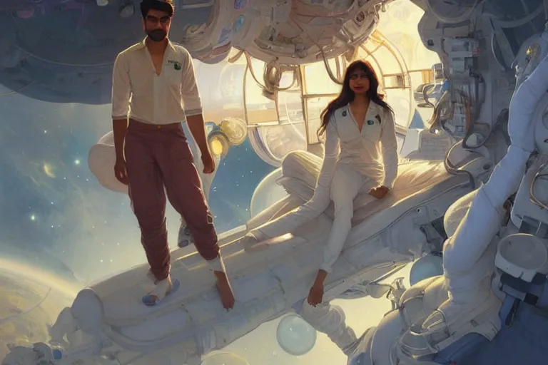 Image similar to Sensual good looking pale young Indian doctors wearing jeans in a space station above Earth, portrait, elegant, intricate, digital painting, artstation, concept art, smooth, sharp focus, illustration, art by artgerm and greg rutkowski and alphonse mucha