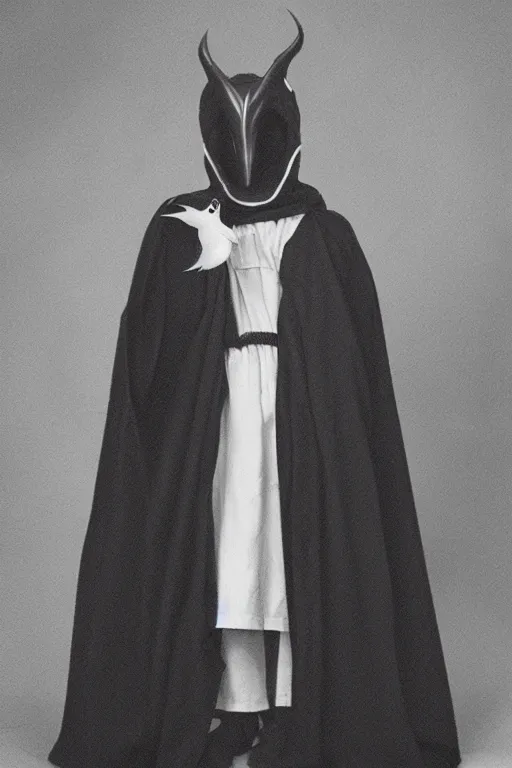 Image similar to a young adventurer wearing a white bird mask and a black cloak.