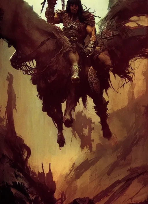 Image similar to conan the barbarian, intricate, elegant, highly detailed, vivid colors, john park, frazetta, sparth, ruan jia, jeffrey catherine jones