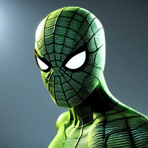 Image similar to still photo of green spider - man, highly detailed, photorealistic portrait, bright studio setting, studio lighting, crisp quality and light reflections, unreal engine 5 quality render