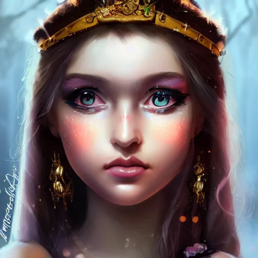 Prompt: ilyana vyulnika as a young princess in the dark, shiny eyes, lipgloss, portrait, closeup, cute freckles, gloss effects, and exaggerated proportions, digital art by julia razumova and mel milton, trending on artstation, 4 k high quality