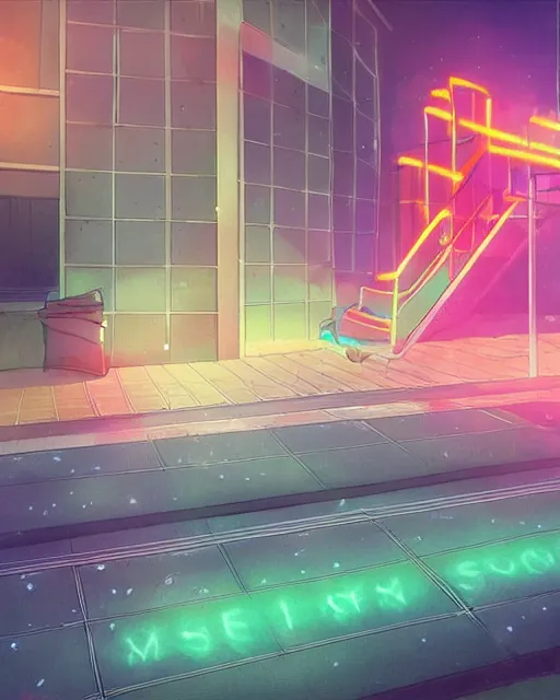 Prompt: emergency stairs going up a neon lit building, anime scenery by Makoto Shinkai