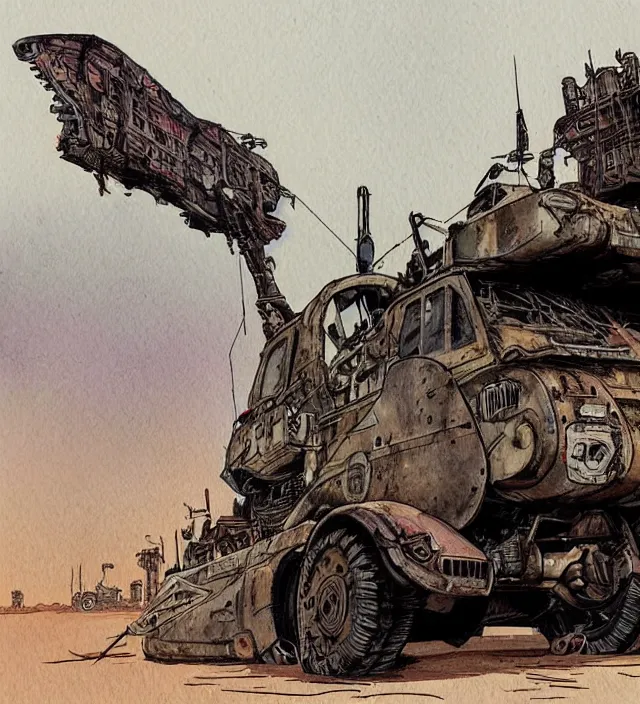 Image similar to a watercolor ink painting of a post - apocalyptic mad max / fallout style tank in the style of jean giraud in the style of moebius trending on artstation deviantart pinterest detailed realistic hd 8 k high resolution