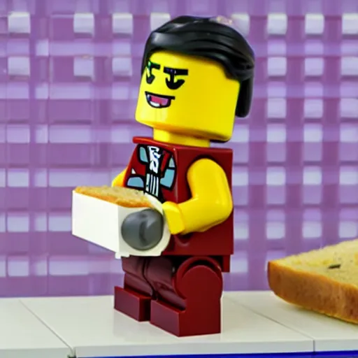 Prompt: slice of life anime, a lego figure having a sandwich, happy