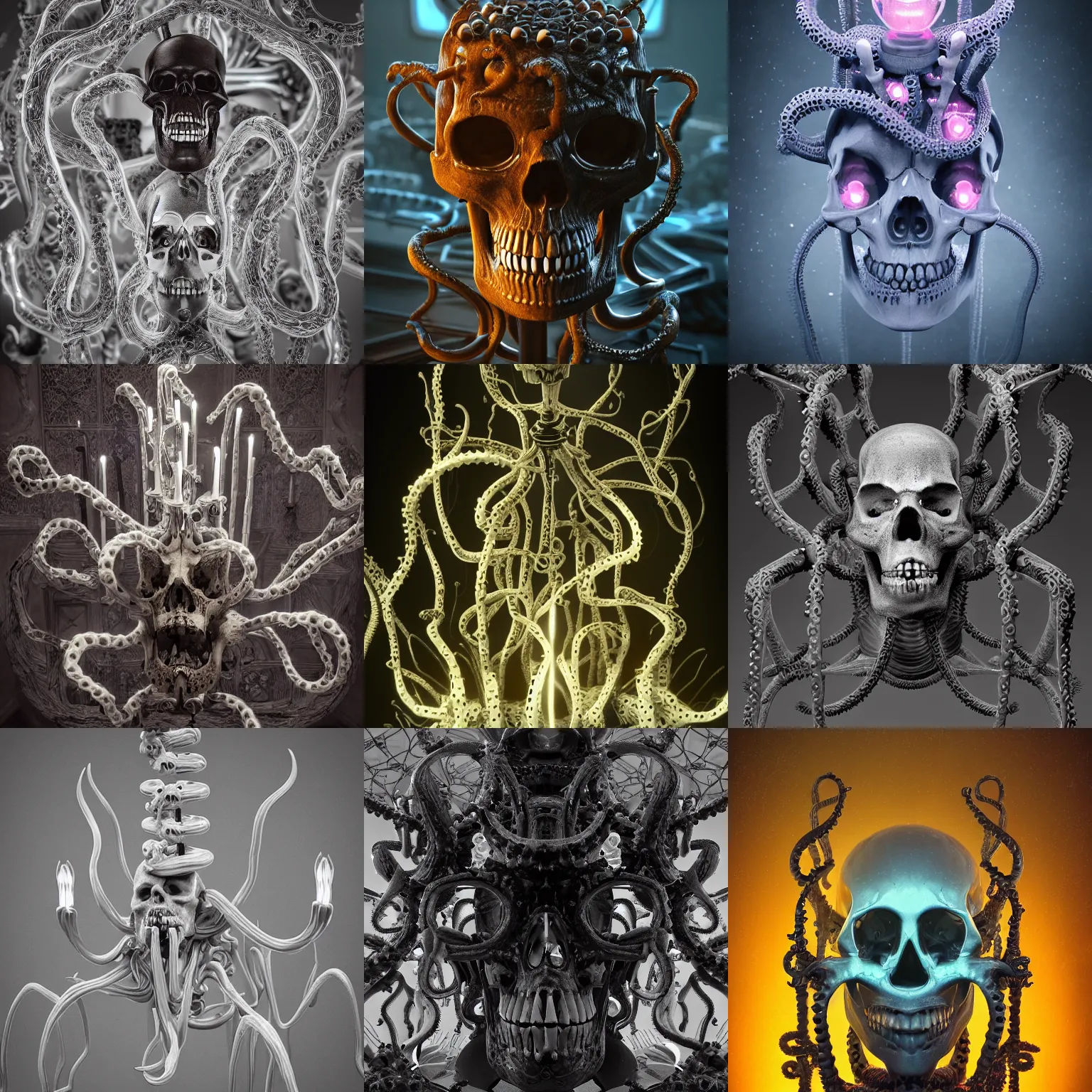 Prompt: terrifying bio mechanical skull candelabra highly detailed tentacles cosmic horror, abstract, ghostly, arcade, duotone, poltergeist, epic lighting, intricate, elegant, highly detailed, smooth, sharp focus, photo real, ultra realistic, unreal engine 5, raytracing, in the style of beeple and mike winkelmann, ultraviolet colors,