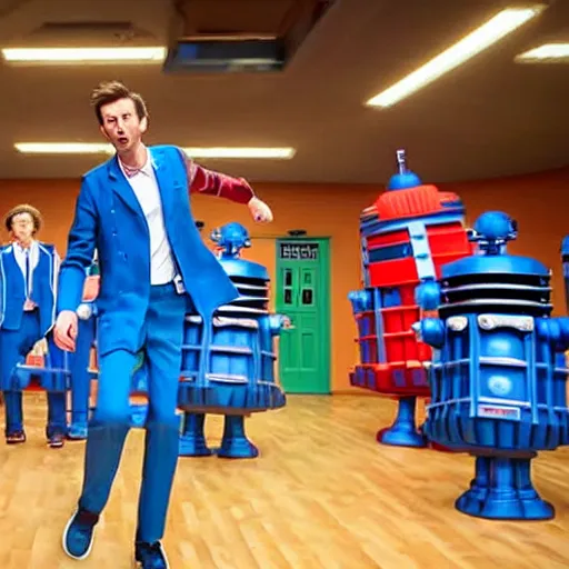 Prompt: promotional image of David Tennant as Doctor Who at a polka dancing contest at the YMCA basketball gym, around the gym cybermen and daleks and captain jack are clapping, in the background the Tardis door is wide open, frenetic, quirky, movie still, promotional image, imax 70 mm footage, HDR, cinematic