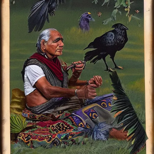 Image similar to elderly Indian Don Juan is sitting in a field with peyote and smoking a pipe , a raven walks next to him