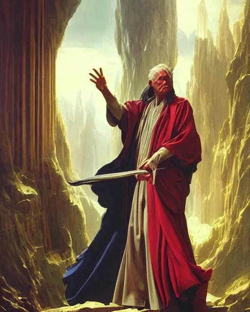 Image similar to A lawful good wizard, he wears robes. Award winning oil painting by Thomas Cole and Wayne Barlowe. Highly detailed