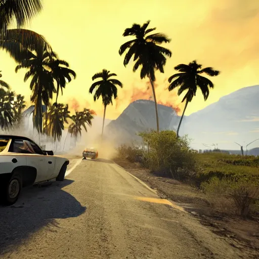 Image similar to far cry car leaking black tar chaotic intensive apocalyptic adrenaline anger oil black tar landscape wasteland miami desert on fire landscape natural disasters sunset palm trees landscape on fire unreal engine fallout style james gurney, henry moore style