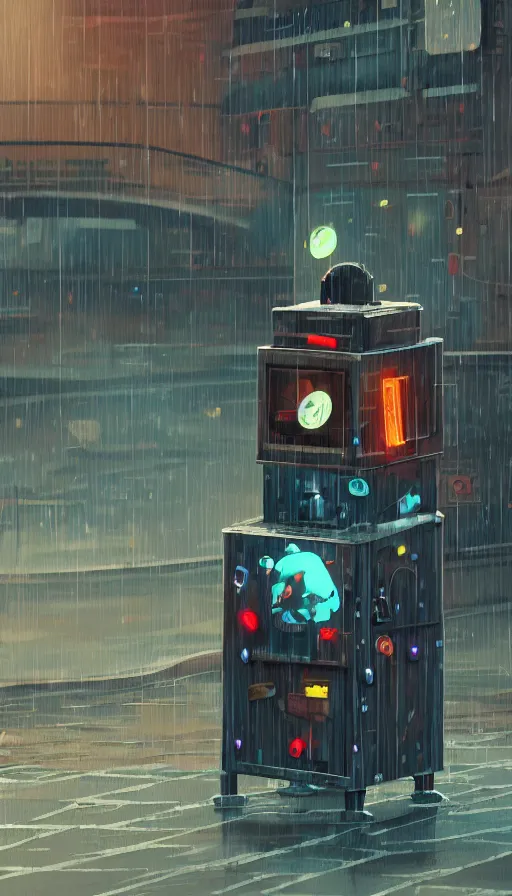 Image similar to videogame cabinet robot asking for coins in the rain, sharp focus, james gilleard, cinematic, game art, extremely detailed digital painting, print