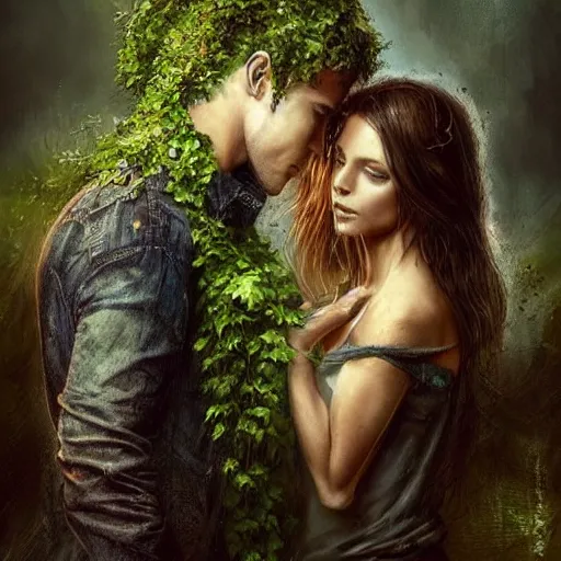 Prompt: a couple with plants growing out of their heads, growth of a couple, rainy day, atmospheric by aleksi briclot