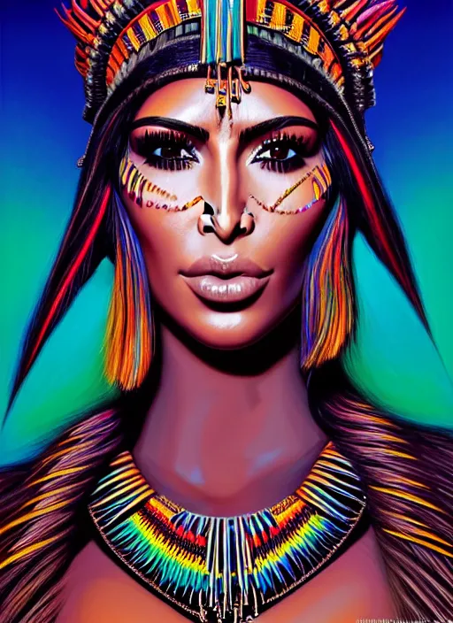 Image similar to portrait of kim kardashian, hyper detailed ultra sharp aztec shaman warrior. trending on artstation, warpaint aesthetic, bloodwave, colorful, psychedelic, ornate, intricate, digital painting, concept art, smooth, sharp focus, illustration, art by artgerm and greg rutkowski and h. r. giger, 8 k