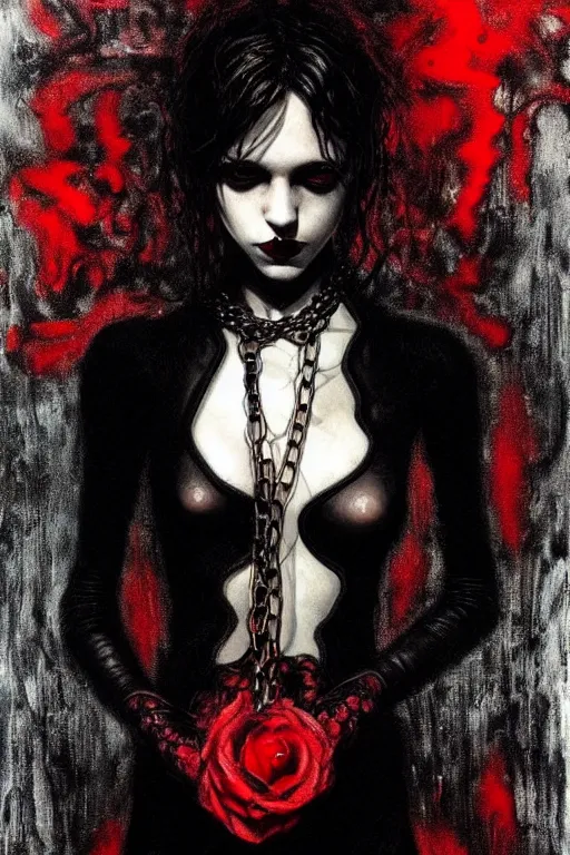 Image similar to dreamy gothic girl, black leather slim clothes, chains, red water, beautiful body, detailed acrylic, grunge, intricate complexity, by dan mumford and by alberto giacometti, peter lindbergh