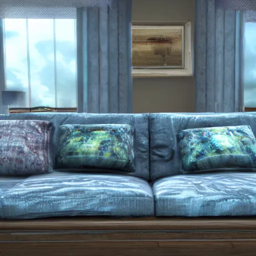 Image similar to a whole bunch of jellyfish smeared on the sofa in the living room, realistic, hdr, clear image, hdd, dynamic lighting, rtx on,