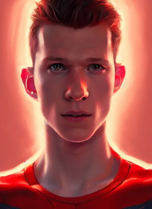 Prompt: portrait of tom holland with hazel eyes, hazel eyes, red shirt, intricate, elegant, glowing lights, highly detailed, digital painting, artstation, concept art, smooth, sharp focus, illustration, art by wlop, mars ravelo and greg rutkowski