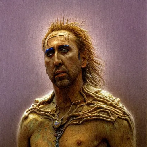 Image similar to Nicolas Cage as god of chaos in a hood dark fantasy, intricate, smooth, artstation, painted by zdislav beksinski