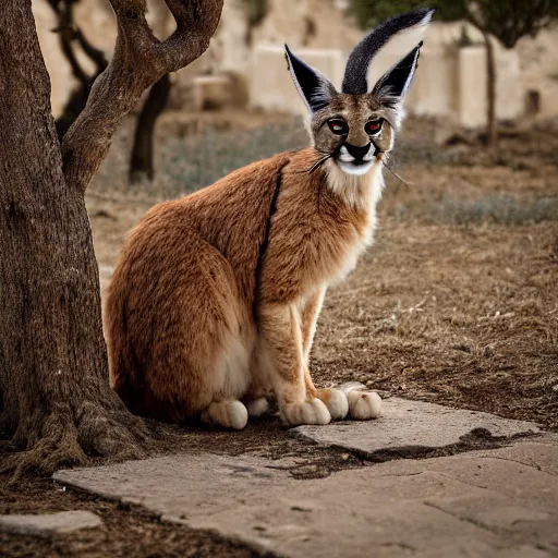 Prompt: a cinematic film still of a claymation stop motion film starring cute fluffy caracal near wooden barrel, ancient greek city, olive trees, shallow depth of field, 8 0 mm, f 1. 8