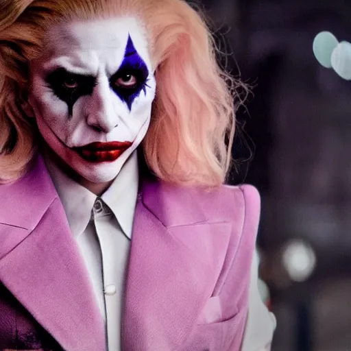 Image similar to beautiful awe inspiring Lady Gaga playing The Joker 8k hdr movie still moody lighting