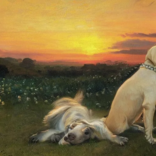 Image similar to a dog at sunset vomiting on Donald Trump, in a garden by Peder Krøyer, golden hour