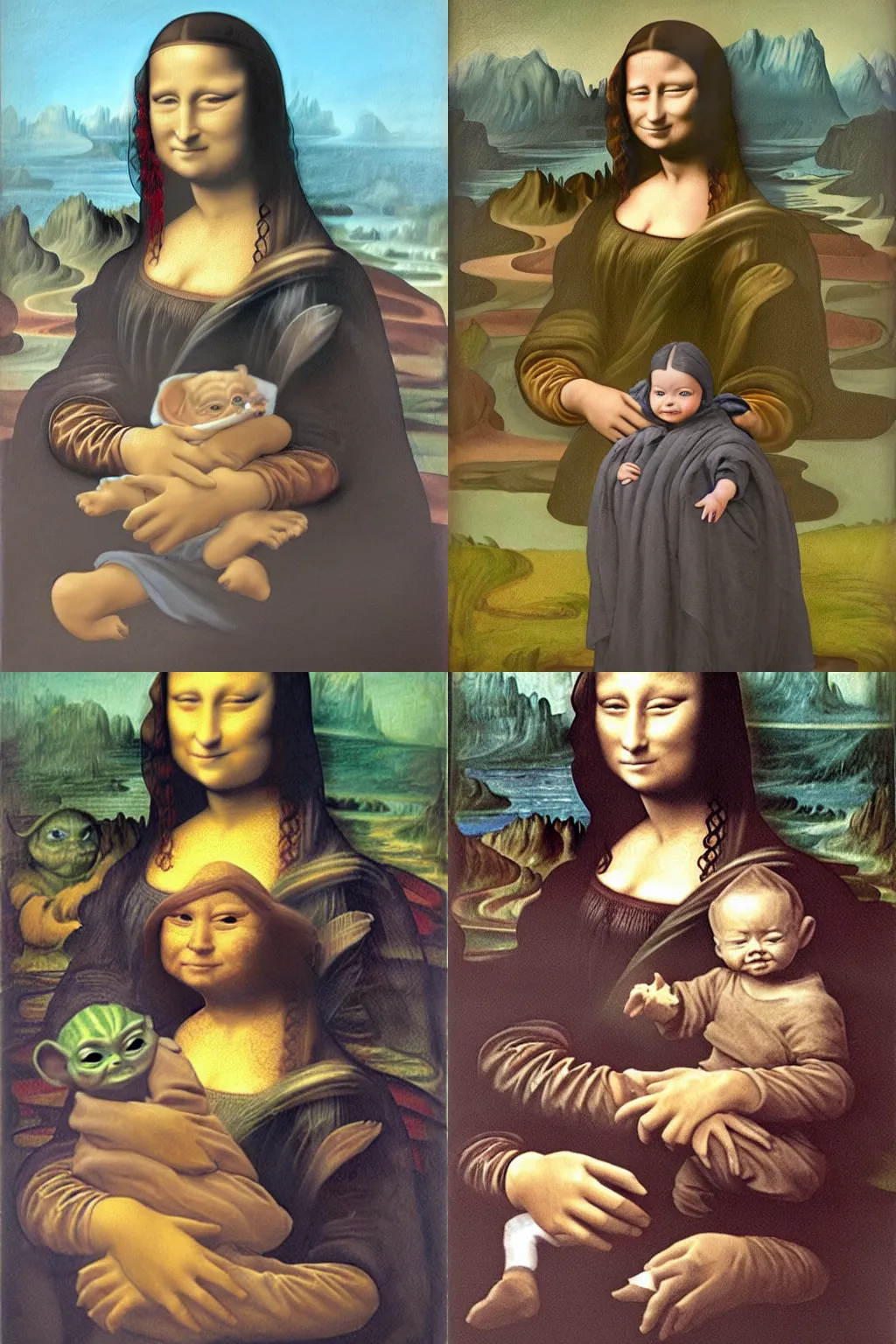 Prompt: the Mona Lisa holding Baby Yoda, painting in the style of the Mona Lisa