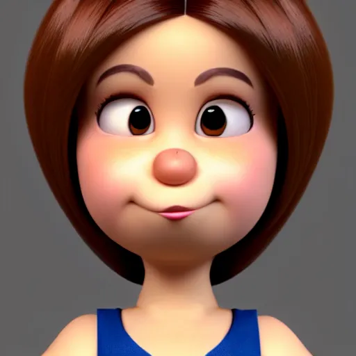 Image similar to A portrait of a curvy plump woman, a cute 3d cgi toon woman with brown hair in a Bob, no bangs, brown eyes, full face, olive skin, romanian heritage, medium shot, mid-shot, 8k, trending on artstation, as a Pixar character