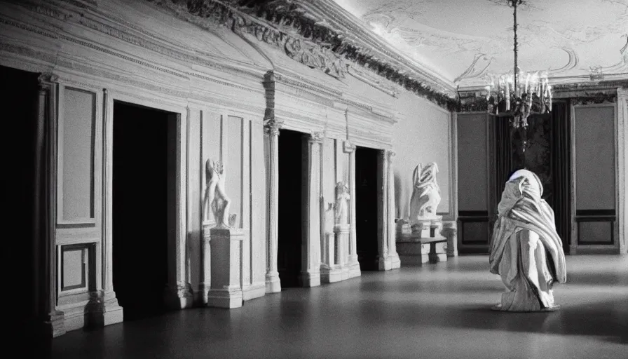 Prompt: movie still by of caligula poniard to death by senators in adark blood flaque in a neoclassical room, cinestill 8 0 0 t 3 5 mm b & w, high quality, heavy grain, high detail, dramatic light, ultra wide lens, anamorphic