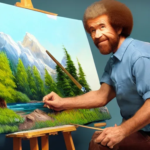 Image similar to a closeup photorealistic photograph of bob ross working on a canvas painting of cookie monster. film still. brightly lit scene. mountains and trees. this 4 k hd image is trending on artstation, featured on behance, well - rendered, extra crisp, features intricate detail, epic composition and the style of unreal engine.