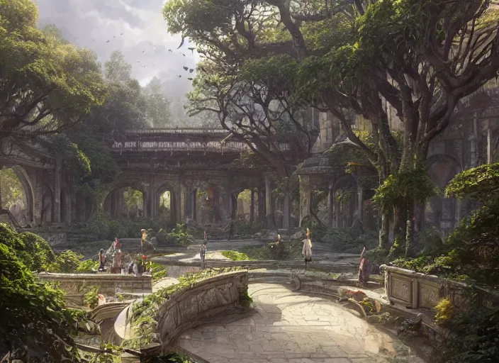 Image similar to A wide open courtyard in a beautiful elven city made of ivory, anime, lush trees, fountain, a fantasy digital painting by Greg Rutkowski and James Gurney, trending on Artstation, highly detailed