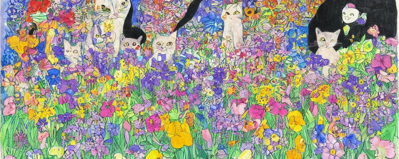 Image similar to cat playing in a garden of flowers, a mix media painting by laurel burch and Leonardo da Vinci and Natalia Goncharova, cluttered , child's drawing, art by Studio Ghibli, anime, thick black lineart