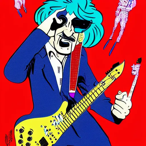 Image similar to Barry Chuckle Shredding on an electric guitar in the style of Jason Edmiston and Gary Panter