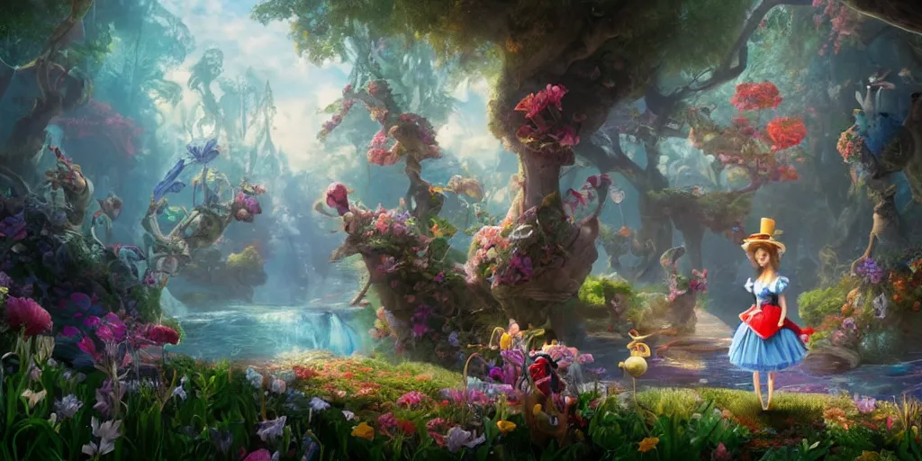Prompt: a beautifull oil painting of alice in wonderland, unreal engine, 8 k resolution, soft, dramatic lighting, cinematic, insanely intricate, subsurface scatering, anti aliashing, pixar, by franz vohwinkel