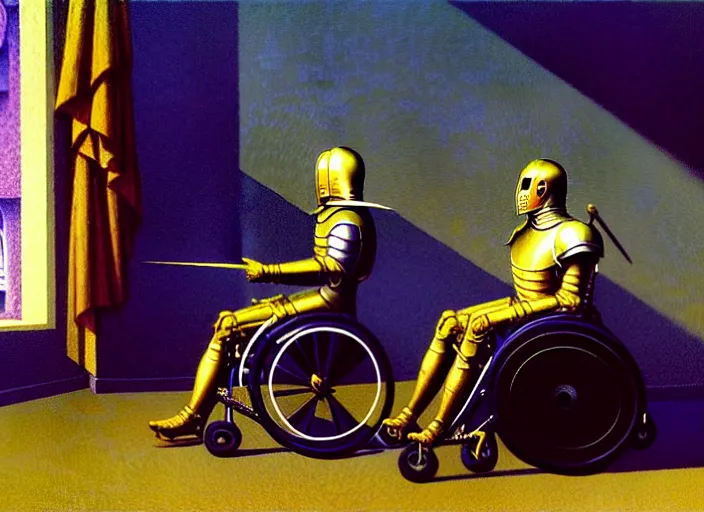 Image similar to knight in rich armor in a wheelchair do tricks & watch old tv, rome, highly detailed, soft lighting, elegant, by edward hopper and james gillard, zdislaw beksinski, stephen outram, andreas m wiese, carl spitzweg, syd mead, highly detailed, masterpiece, unreal 6, 8 k