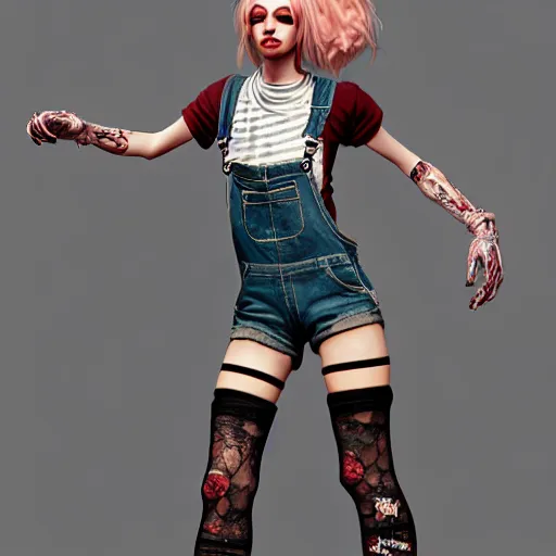 Prompt: full body pose, grungy alice, torn overalls, short shorts, lace gloves, combat boots, fishnets, beautiful, highly detailed face, true anatomy!, extremely detailed!, digital painting, unreal engine 5, art by tom bagshaw