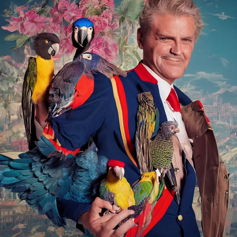 Image similar to high fashion photoshoot octane render portrait by wayne barlow and carlo crivelli and glenn fabry, a distinguished sea captain wearing a colorful wes anderson designed uniform and holding a small parrot inside a high - end exotic colorful pastel vintage boutique hotel lounge, very short depth of field, bokeh