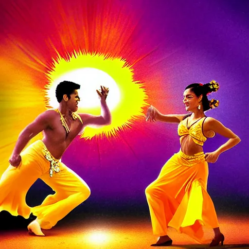 Image similar to The sun is exploding while Latino Cubans Dancers Salsa Dancing by Stanley Artgerm Lau, sun exploding on the background, Gesture draw, Salsa Social Dance, couple, lady using yellow dress, guy using the purple fancy suit, Salsa tricks, explosive background, WLOP, Rossdraws, Gesture draw, James Jean, Andrei Riabovitchev, Marc Simonetti, and Sakimichan, trending on artstation