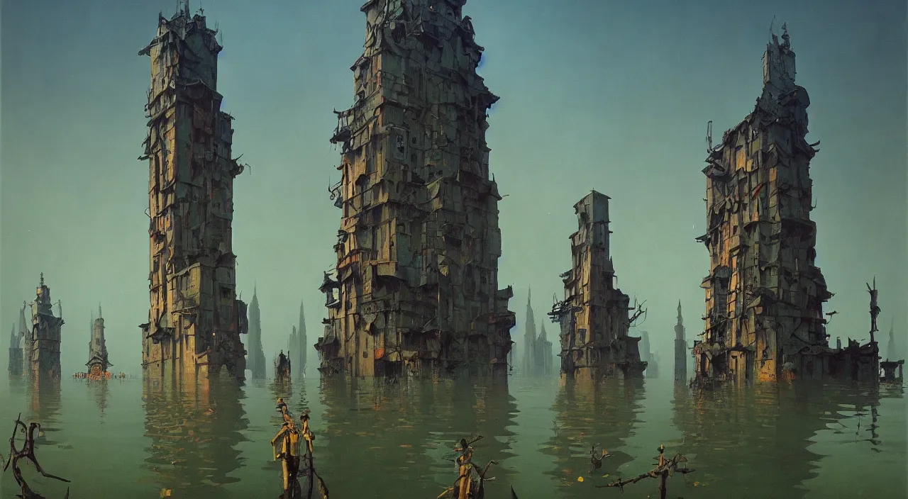 Prompt: a high contrast painting of a flooded primitive tower by simon stalenhag carl spitzweg rene magritte jim burns, full-length view, vibrant colors, extremely high contrast!, symmetry, great composition, high detail, cinematic lighting, award winning masterpiece, trending on artstation