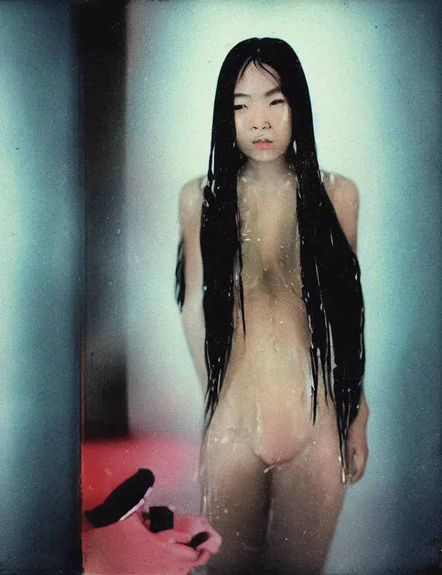 Prompt: polaroid photo with flash, portrait of a asian woman with glossy wet skin and wet hair in style of matrix, vinyl clothes on, dressed, bleached strong lights, kodak film stock, hyper real, stunning moody cinematography, with anamorphic lenses, by maripol, detailed