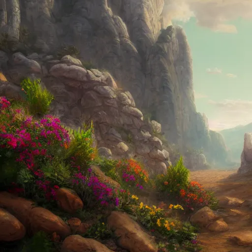 Image similar to a matte painting of the wild west, patchy flowers and rocks, oil painting, pale colors, high detail, 8 k, wide angle, trending on artstation,