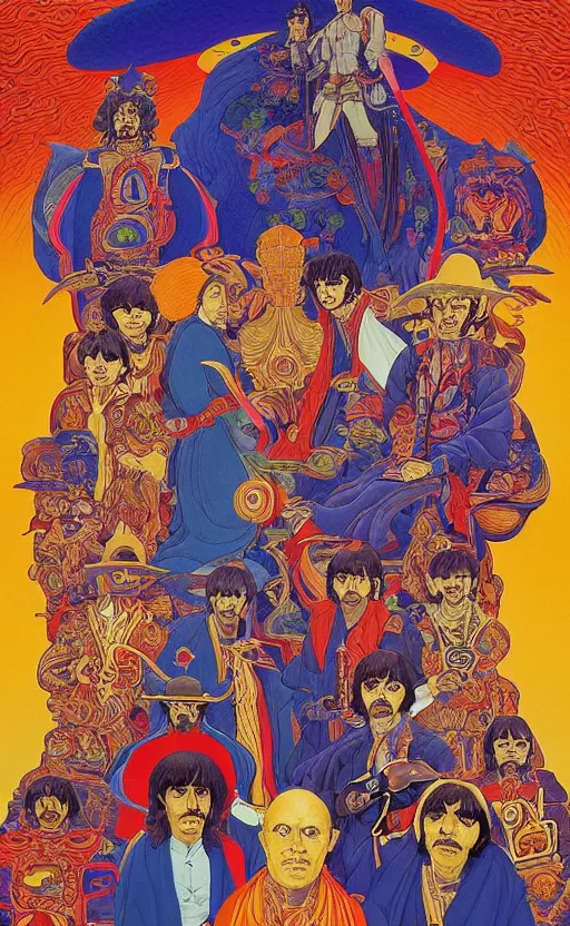 Image similar to a breath - taking jean giraud work of art of the beatles in the style of a renaissance masters portrait, mystical and new age symbolism and tibetan book of the dead imagery, intricately detailed, 4 k