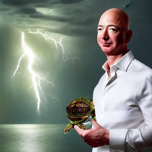 Prompt: a dramatically lit dutch angle portrait of Jeff Bezos covering himself with turtle wax in a thunderstorm.