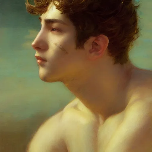 Image similar to detailed portrait of serene anime boy raphael, closed eyes, natural light, painting by gaston bussiere, craig mullins, j. c. leyendecker