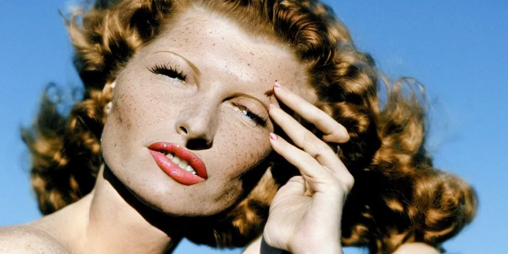 Image similar to natural 8 k close up shot of rita hayworth with freckles, natural skin and beauty spots in a 2 0 0 5 romantic comedy by sam mendes. she stands and looks on the horizon with winds moving her hair. fuzzy blue sky in the background. no make - up, no lipstick, small details, wrinkles, natural lighting, 8 5 mm lenses, sharp focus