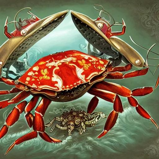 Prompt: hyperdetailed illustration of one small standalone crab inside a cyber shell, with flemish baroque rococo unexpected maximalist steampunk elements. seen from the distance hd! matte paper background. childrenbook in soft natural tones