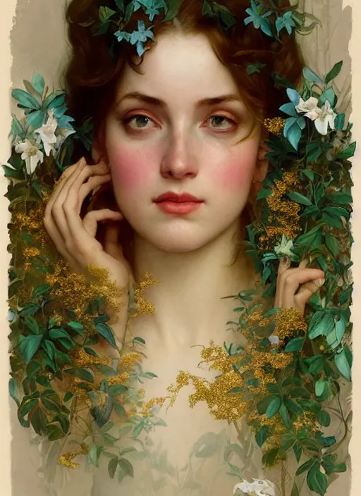 Image similar to hyper realistic photographer looking through a vintage camera, design on white background, beautiful details, lush foliage, gold, drawn by john singer sargent, tom bagshaw, norman rockwell, alphonso mucha, lolish, trending on artstation