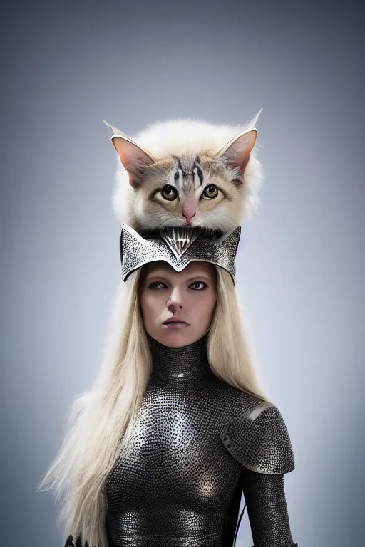 Image similar to female knight wearing a real cat on her head, armor designed by wayne barlowe, swarovski and tiffany, blonde hair, symmetry, sci - fi, cinematic, elegant, luxury, perfect light, perfect composition, dlsr photography, sharp focus, dark fantasy, 8 k, ultra hd, sense of awe, highly detailed, realistic, intricate