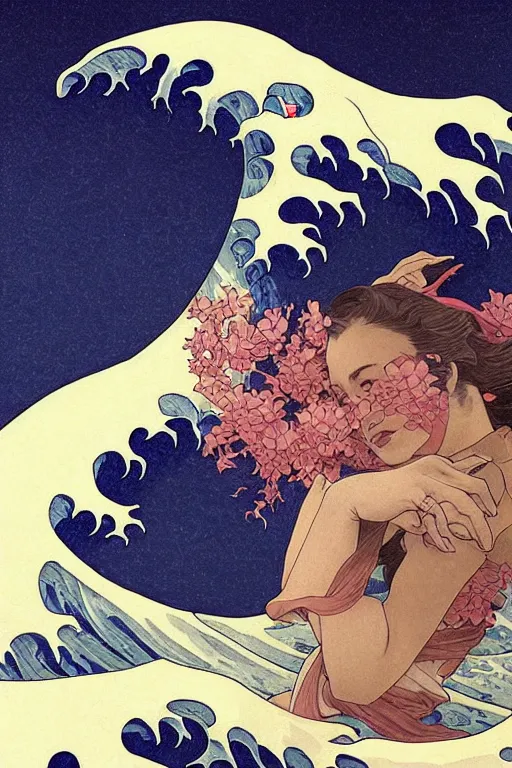 Prompt: The Great Wave off Kanagawa, vaporwave aesthetic, synthwave, intricate, elegant, highly detailed, digital painting, artstation, concept art, smooth, sharp focus, illustration, art by artgerm and greg rutkowski and alphonse mucha