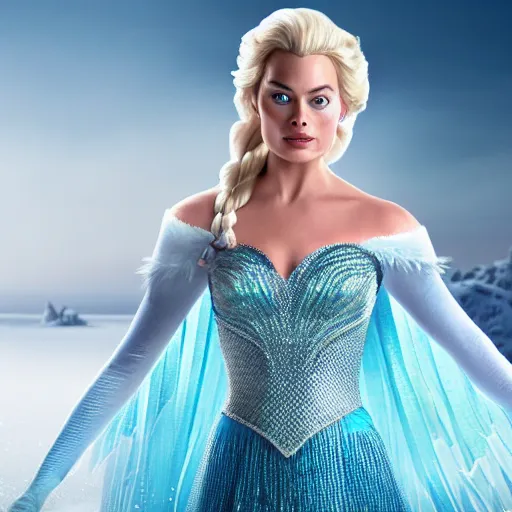 Image similar to Margot Robbie as Elsa in disney frozen live action, 8k full HD photo, cinematic lighting, anatomically correct, oscar award winning, action filled, correct eye placement,